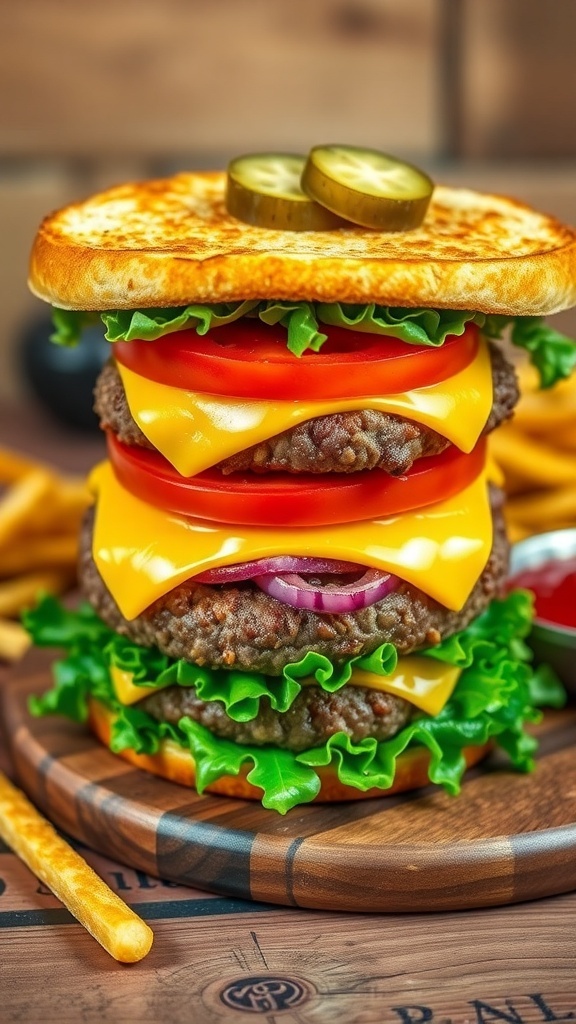 Garlic Bread Burger Recipe A garlic bread burger with beef patty, cheese, lettuce, and tomato, served with fries on a wooden table.